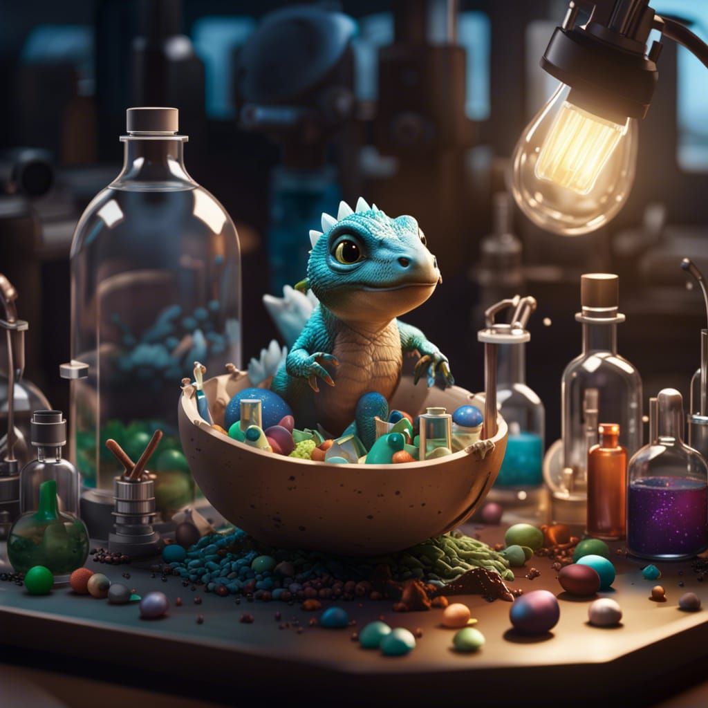Chibi Dinosaur Hatchling in Laboratory, Hyperrealistic