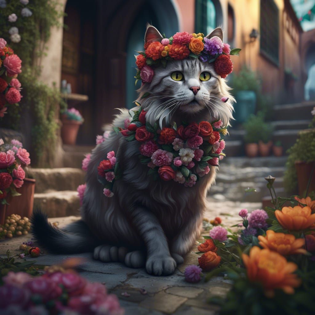 Cat in Italian Backstreet with Flower Crown
