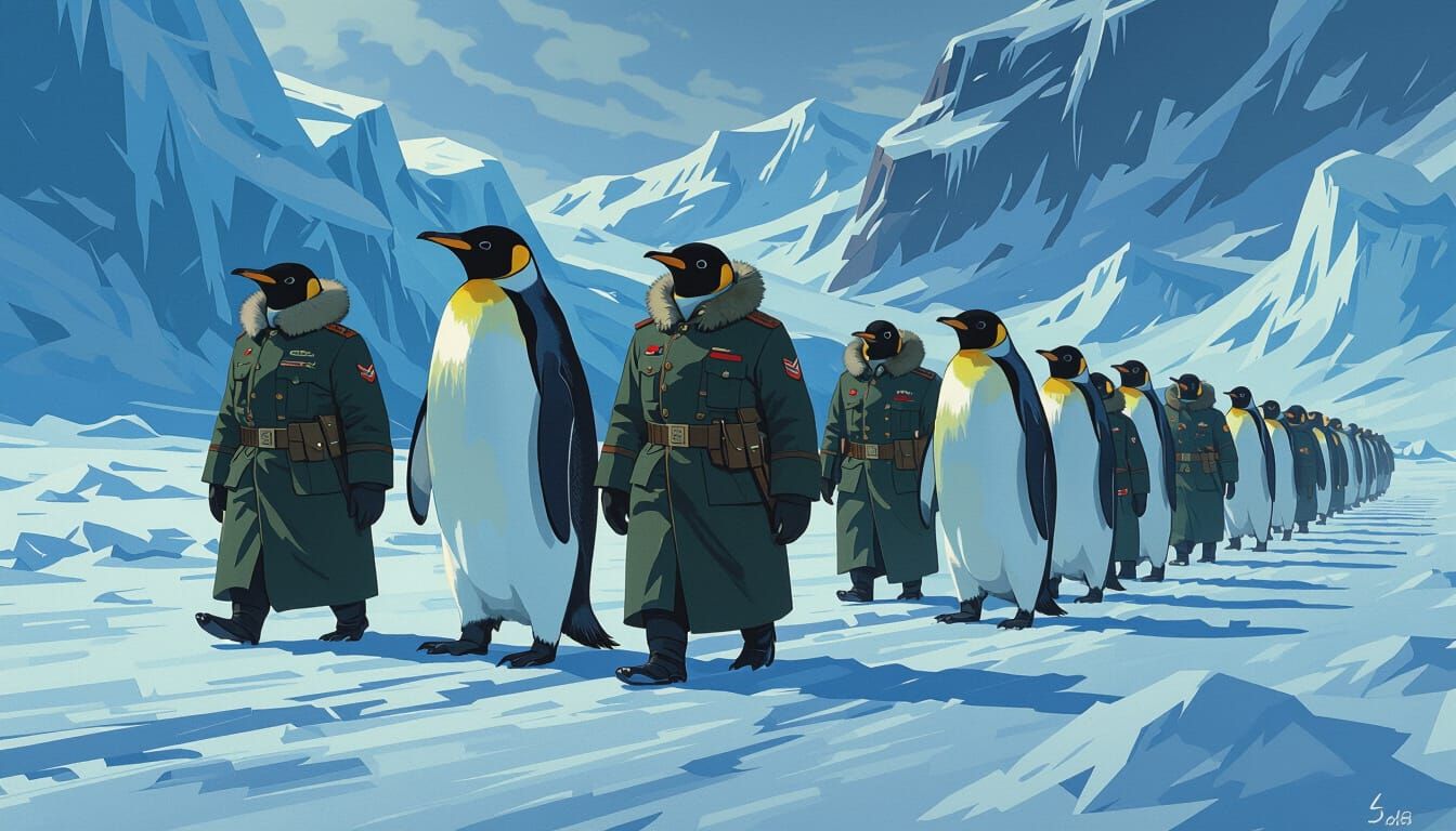Penguin Soldiers March Across Icy Landscape as Digital Art