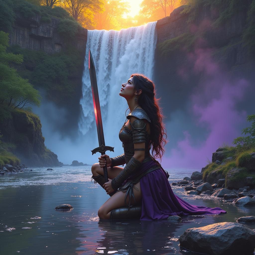 Warrior Woman in Sunset Landscape: Oil Painting Style