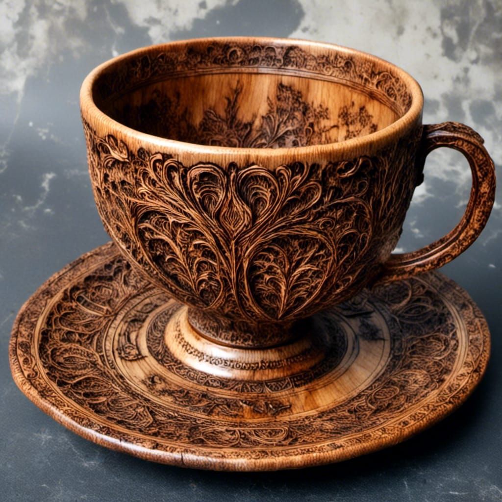 Ornate Woodburned Wooden Teacup