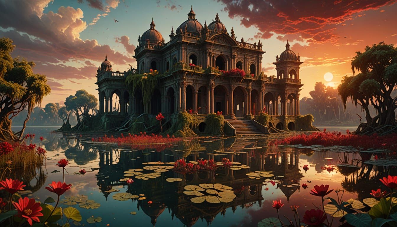 Antique Palace Ruins Submerged in Red Sunset Lake