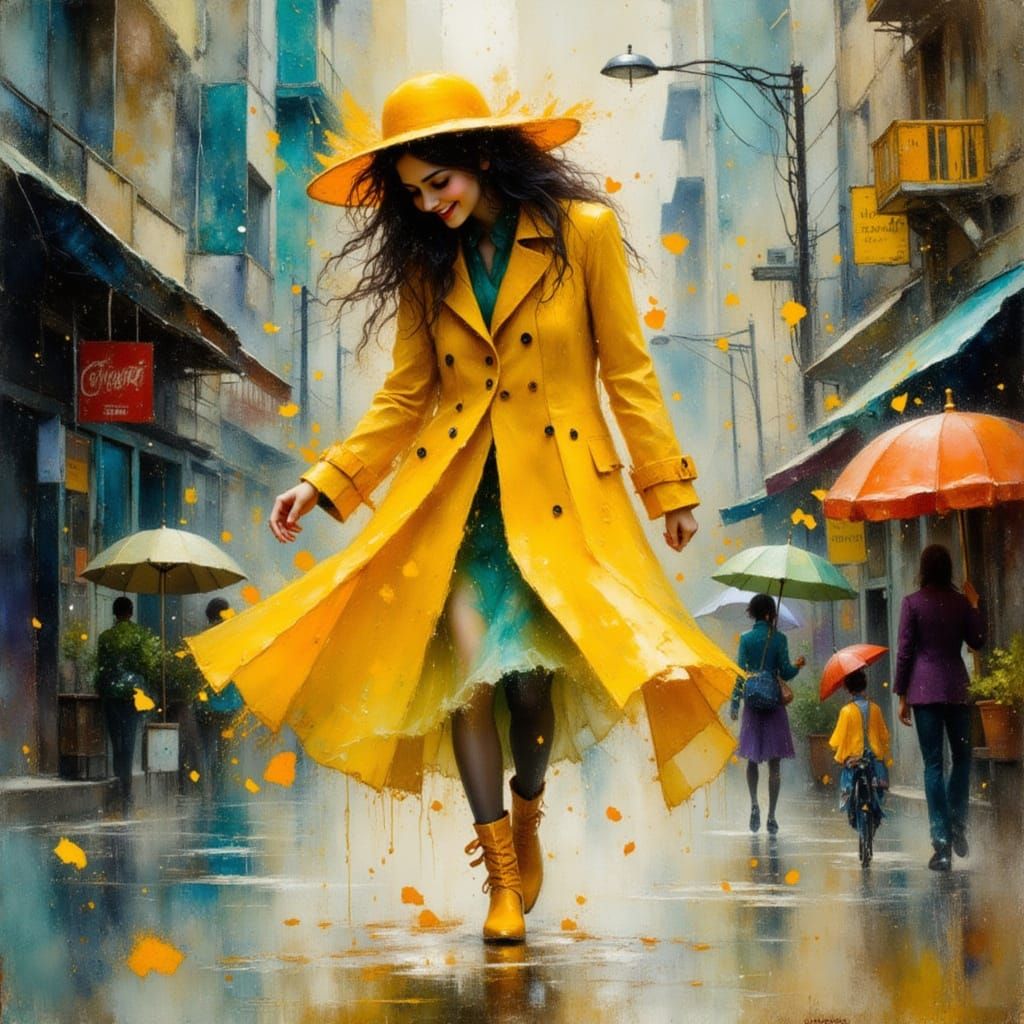Woman Dancing in Rainy City Street, Impressionist Watercolor