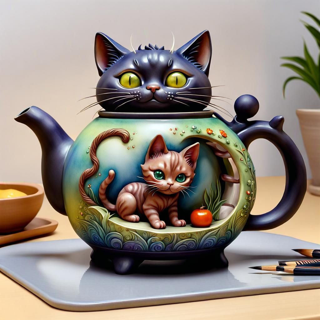 Mischievous Cat Teapot in Detailed Watercolor Style