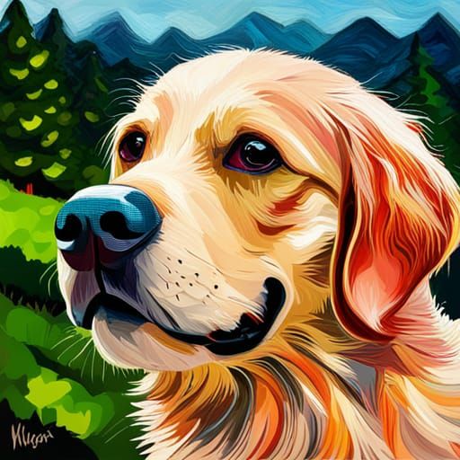 Golden Retriever Smiles in Expressionist Forest Painting