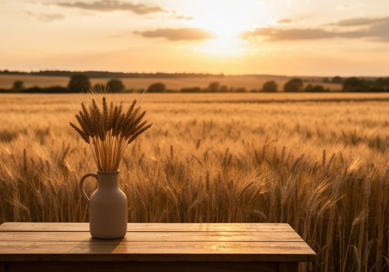 Serene Wheat Field Sunset Landscape with Dried Wheat Vase