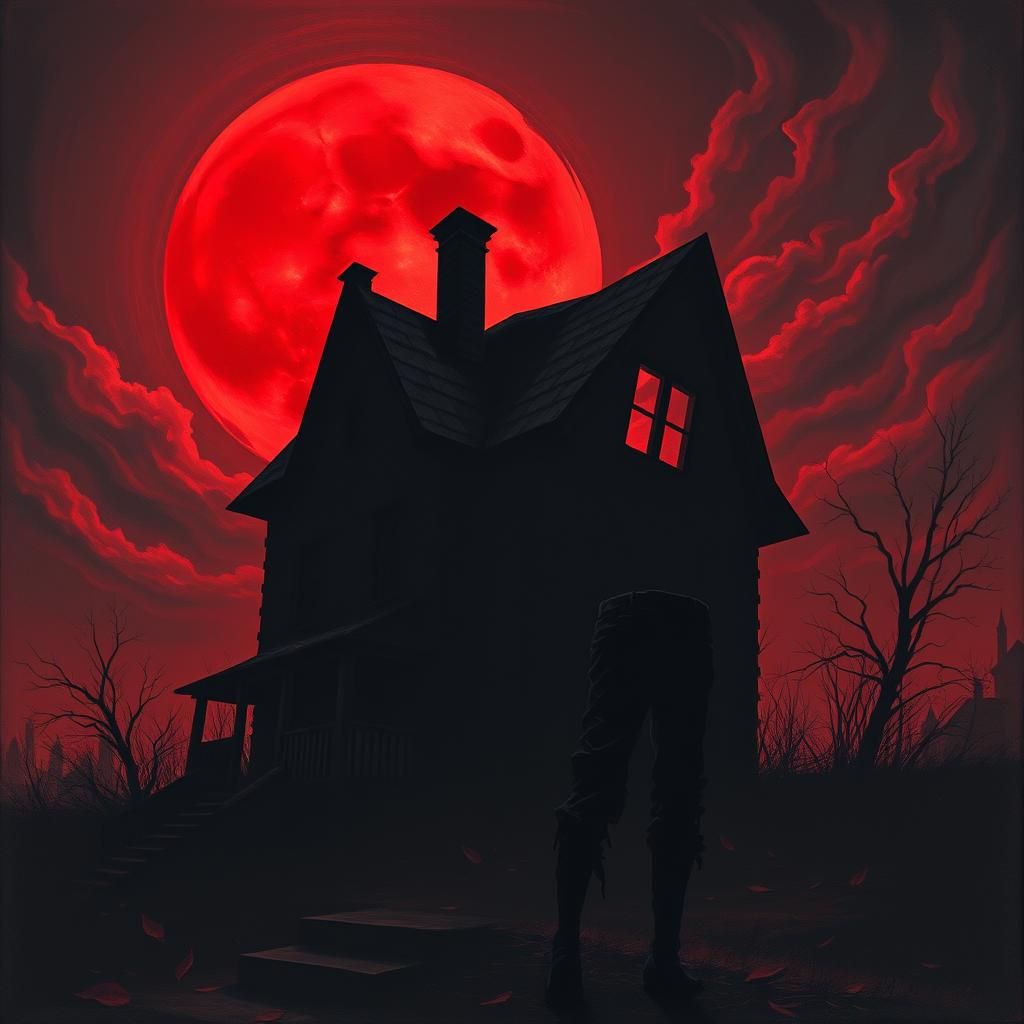Ominous Silhouette: Abandoned House Under Blood Moon