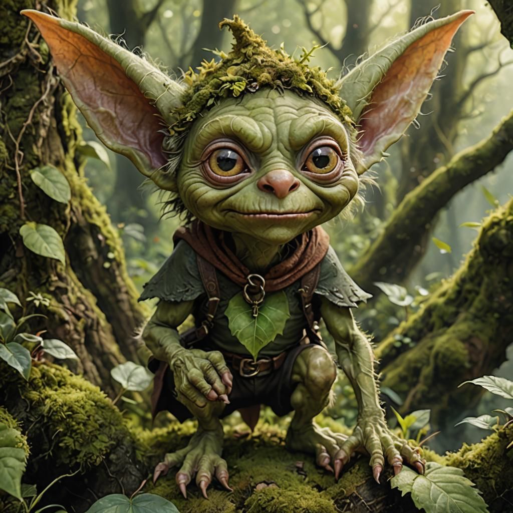A friendly goblin with leaf ears and moss fur, reminiscent o...