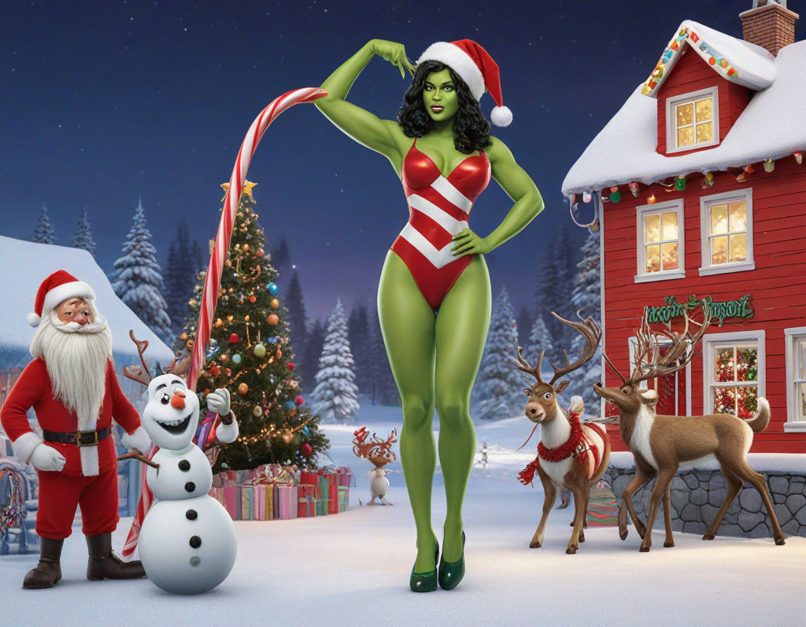 (Beautiful voluptuous She-Hulk celebrating Christmas by pole-dancing around the North Pole giant candy cane with beautif...