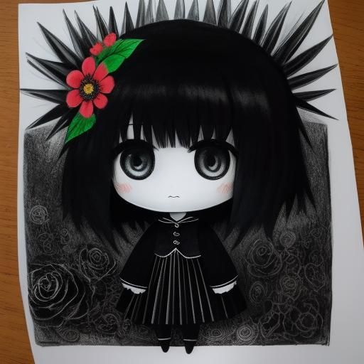 Surreal Crayon Drawing of Goth Woman with Fairy