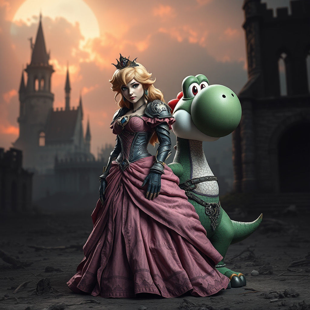 Dark Fantasy Princess Peach and Yoshi in Post-Apocalyptic Wa...