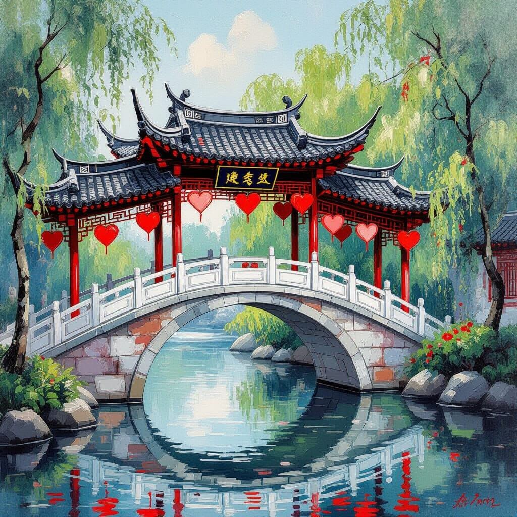 Chinese Bridge Decorated with Red Heart Balloons