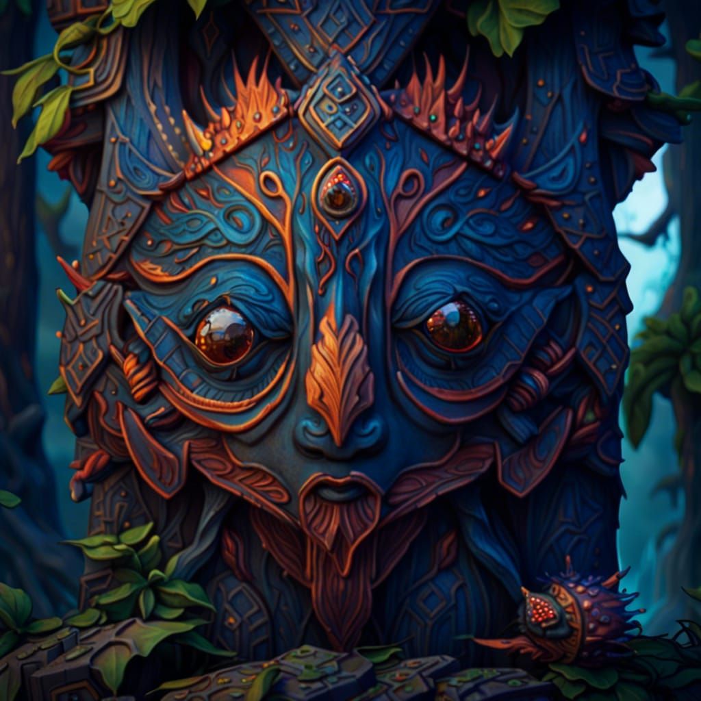 Vibrant Totem with Carved Eyes: Fantasy Concept Art