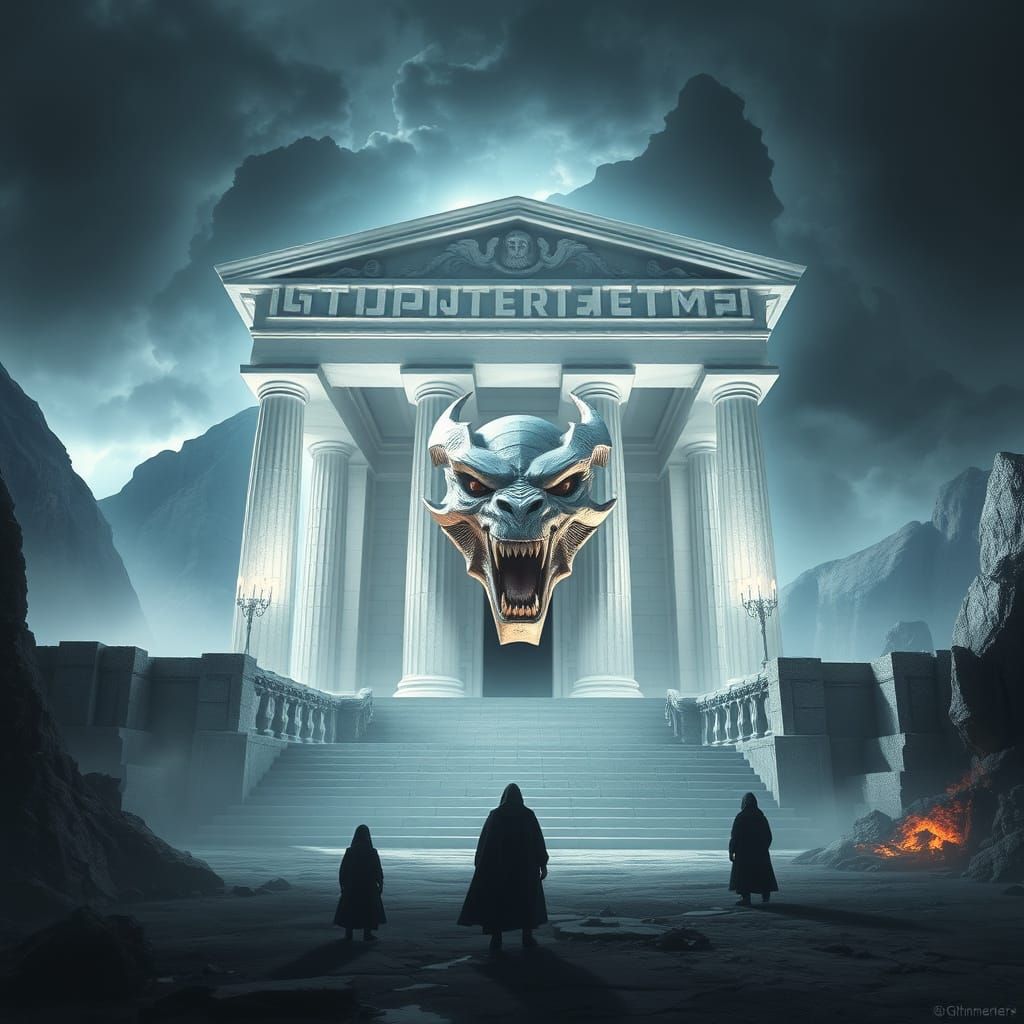 An ominous-looking but gleaming white Grecian-inspired templ...