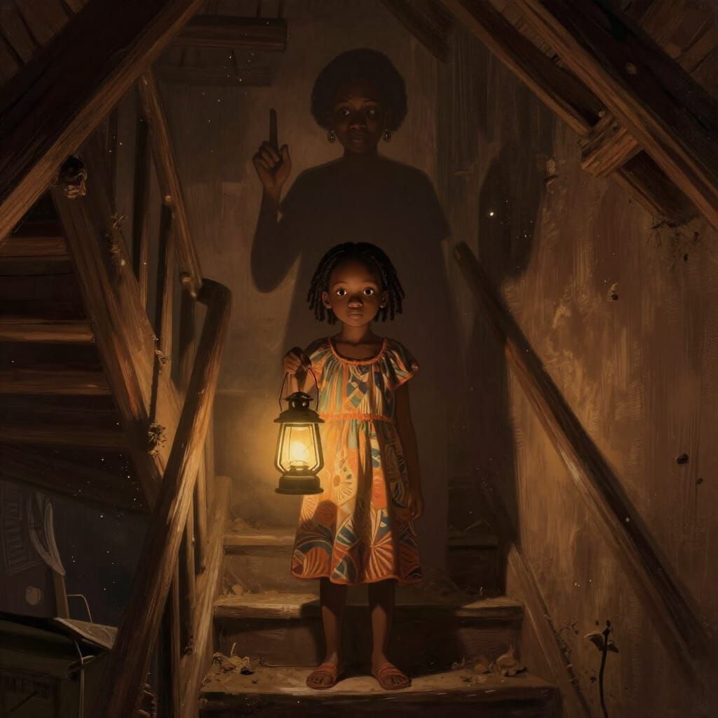 African Girl in Attic with Grandmother's Shadow