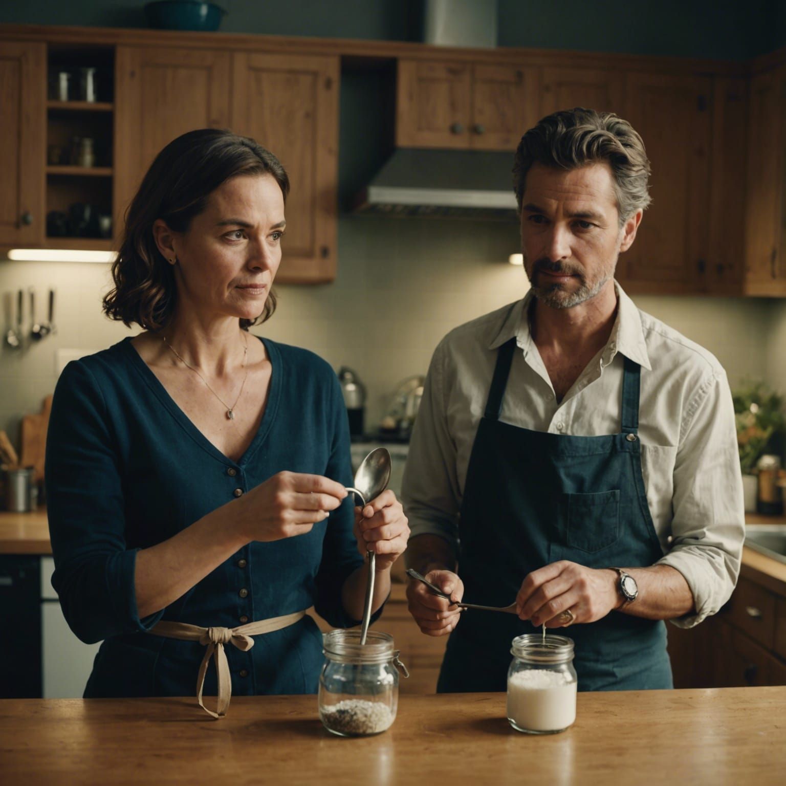 Cinematic Kitchen Scene with Cook and Salt