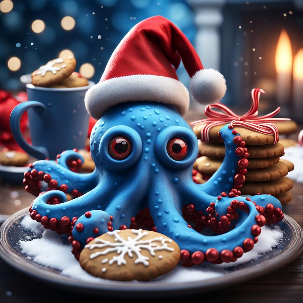 Festive Blue Octopus Celebrates Christmas
