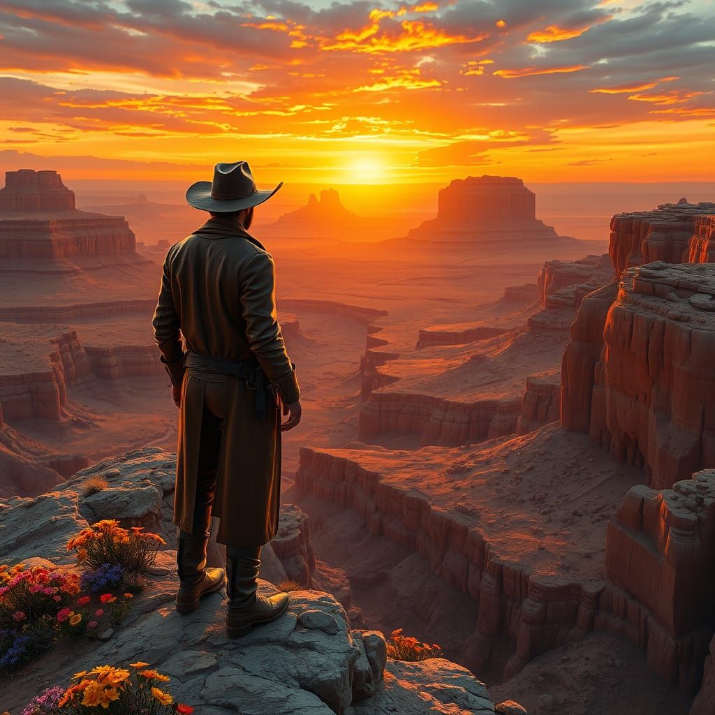 Cowboy at Sunset Overlooking Texas Canyon
