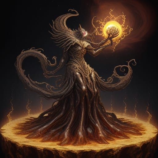 Monstrous God-Dog Consuming Light With Golden Tendrils