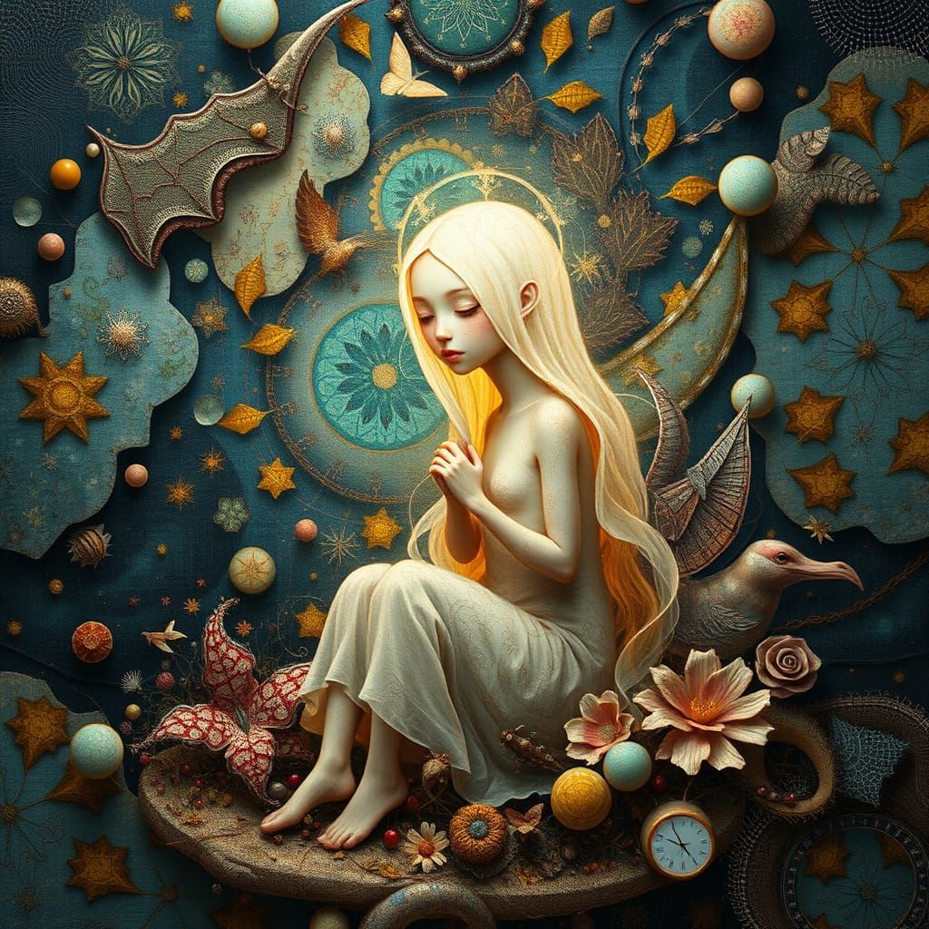 Surreal Figure in Dreamlike Landscape with Kaleidoscope Text...