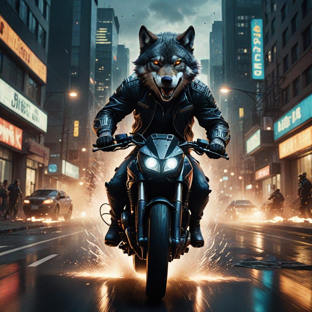 Futuristic Wolf Biker in Urban Landscape