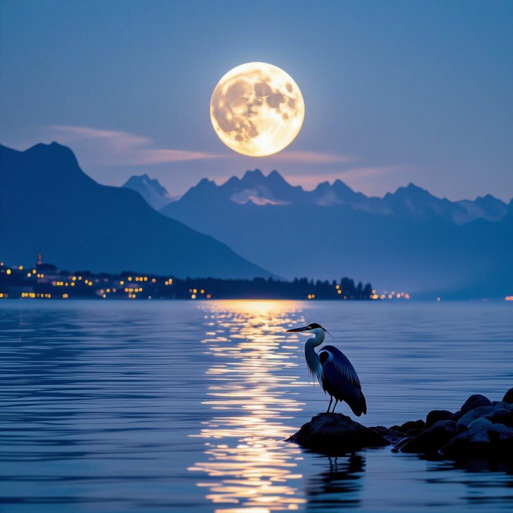 Majestic Heron on Lake Geneva Under Full Moon