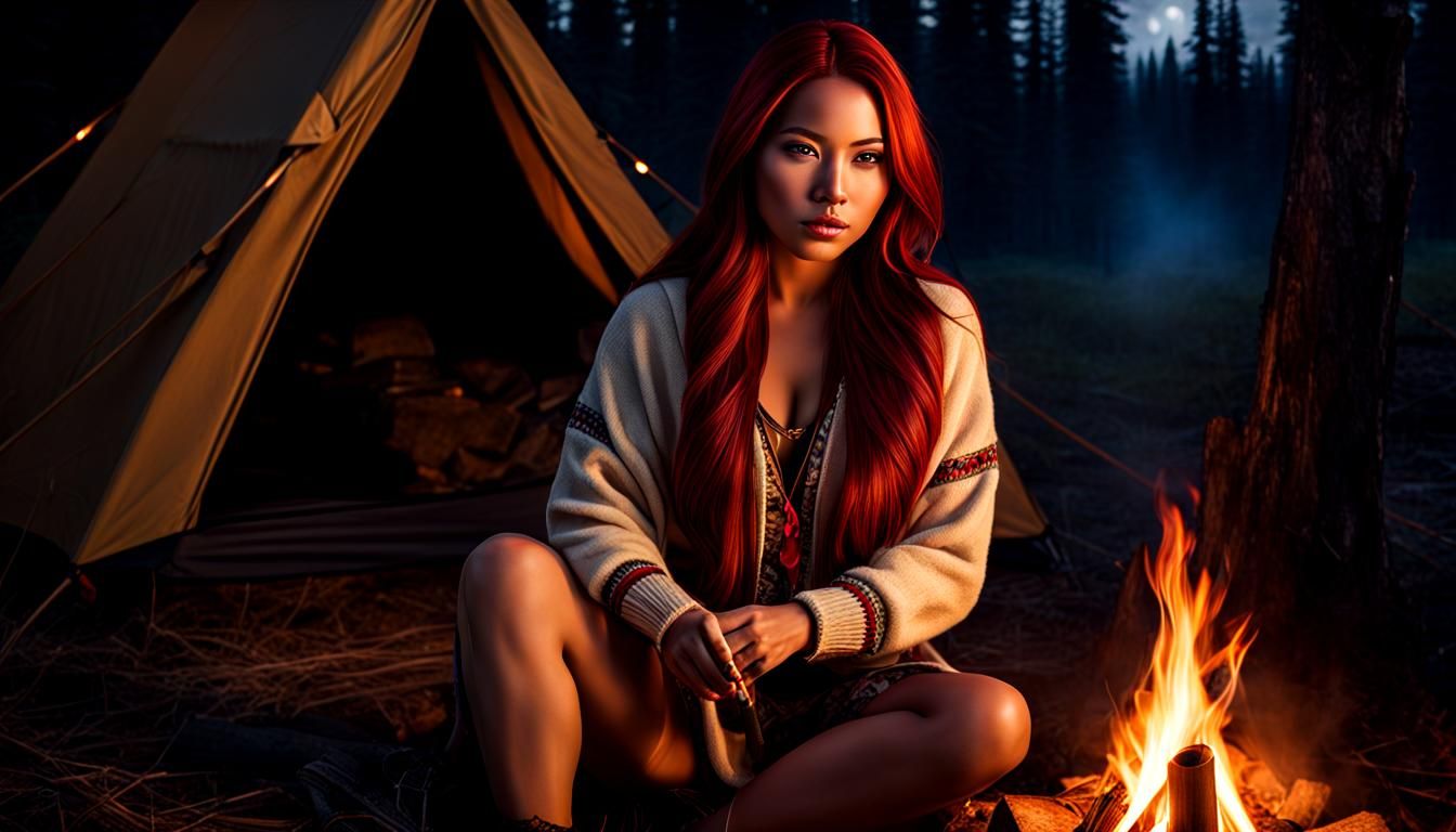 Algonquin Woman Glowing by Campfire at Night