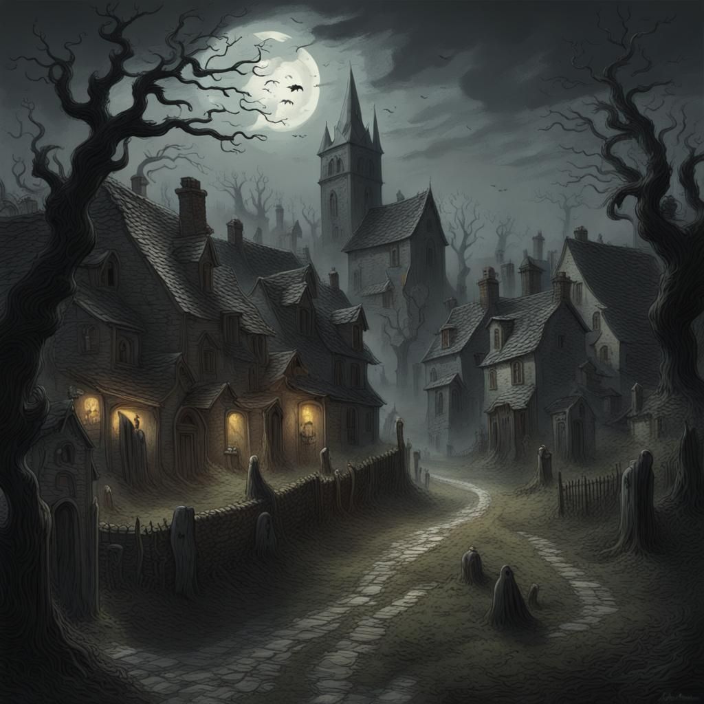 Spooky Ghost Village in Horror Art Style