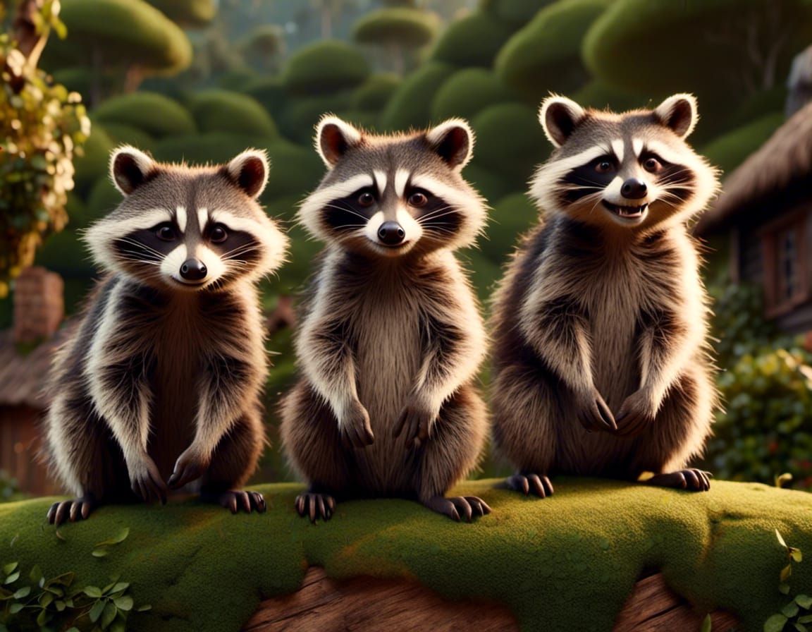 Smiling Raccoons by Thatch-Roofed Cabin
