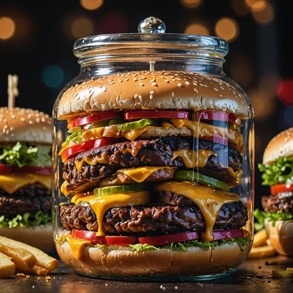 Majestic Cheeseburger in a Jar: Hyper-Realistic Photo