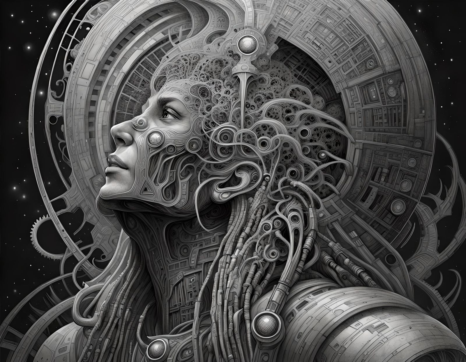 Oracle of Dreaming: Sci-Fi Futurism Pencil Sketch