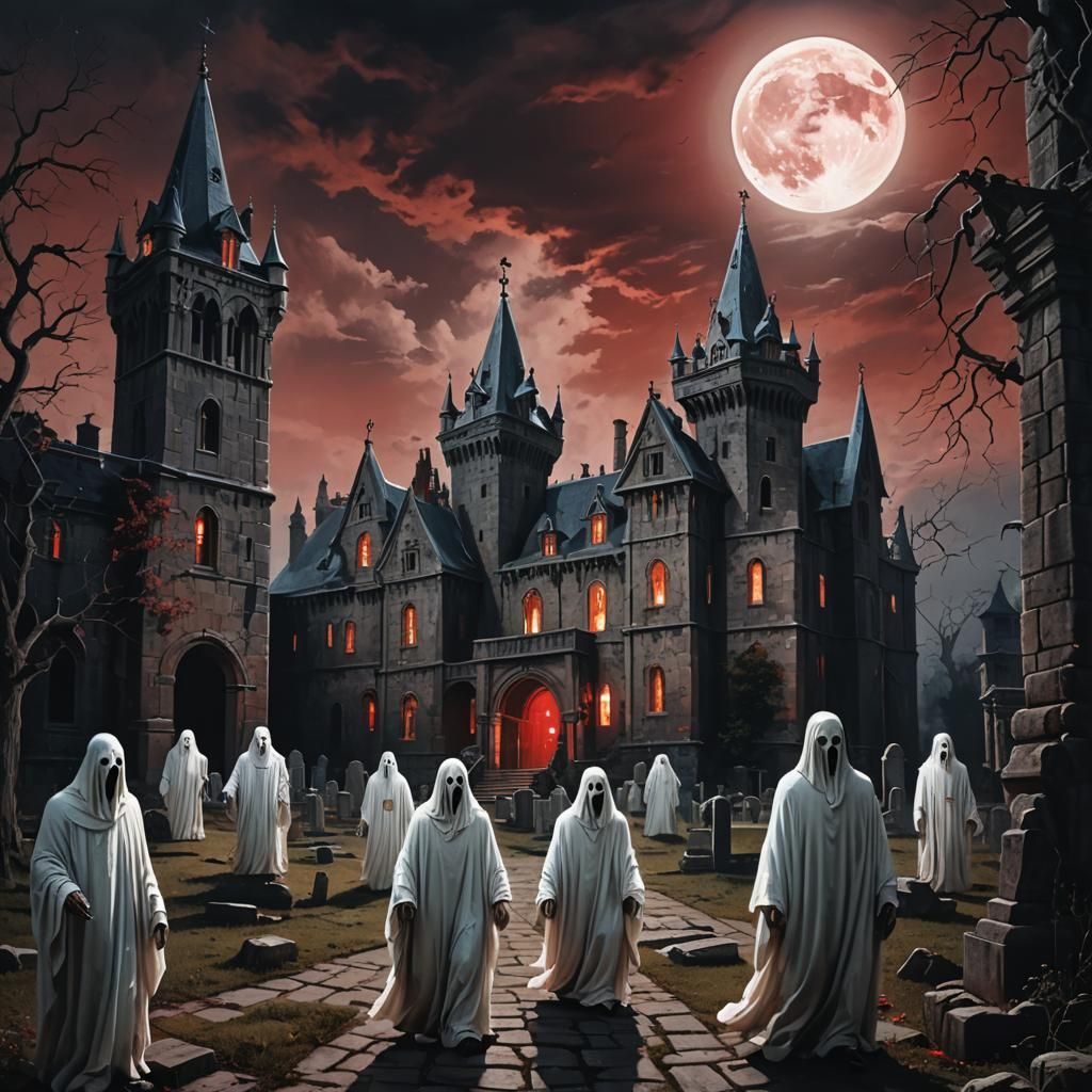 Ghosts Wander Ancient Castle Under Blood Moon