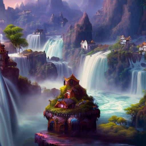 Village on Waterfall: Detailed Matte Painting