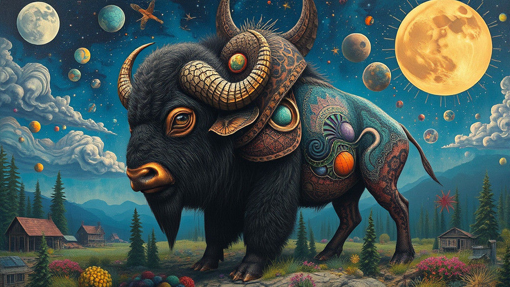Surreal Buffalo in Psychedelic Dreamscape: Fantasy Painting