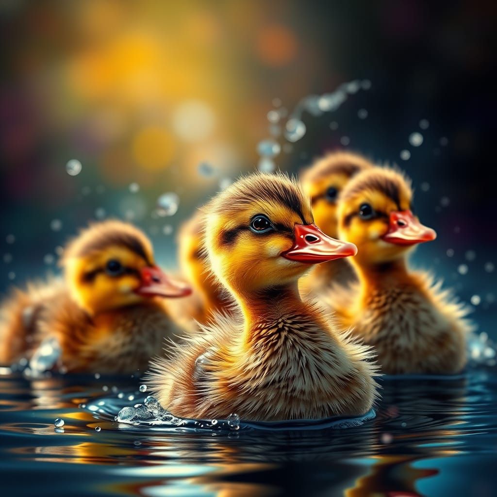Flock of Ducklings in Hyperrealistic Splash Art