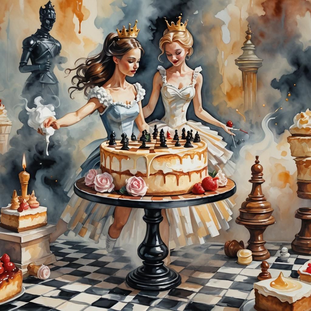 Ballerina Chessboard Cake Slice in Gouache Style