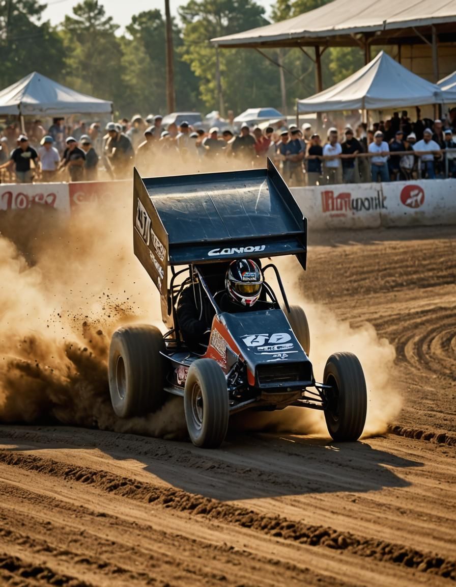 Sprint Car Races Down Dirt Track in Golden Light