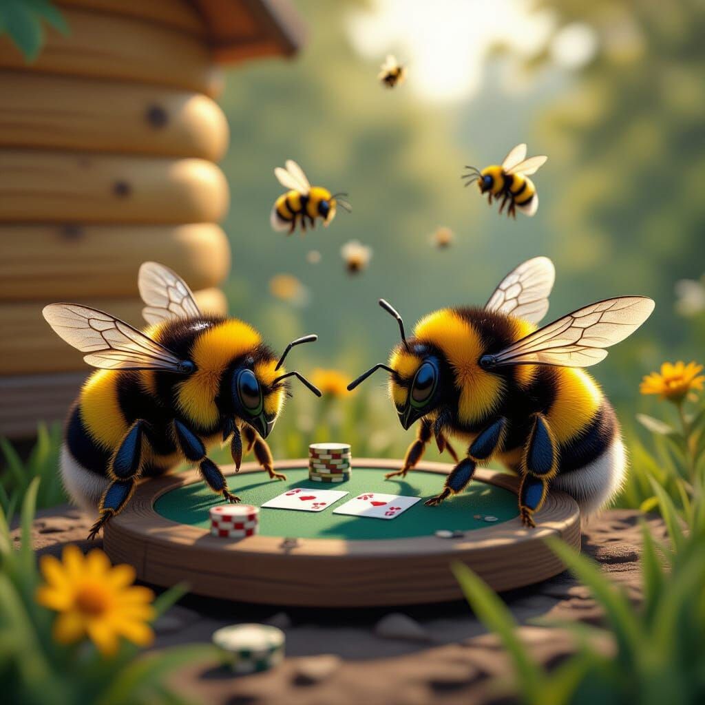 Bumble Bees Play Poker Near Beehive in Fantasy Art Style