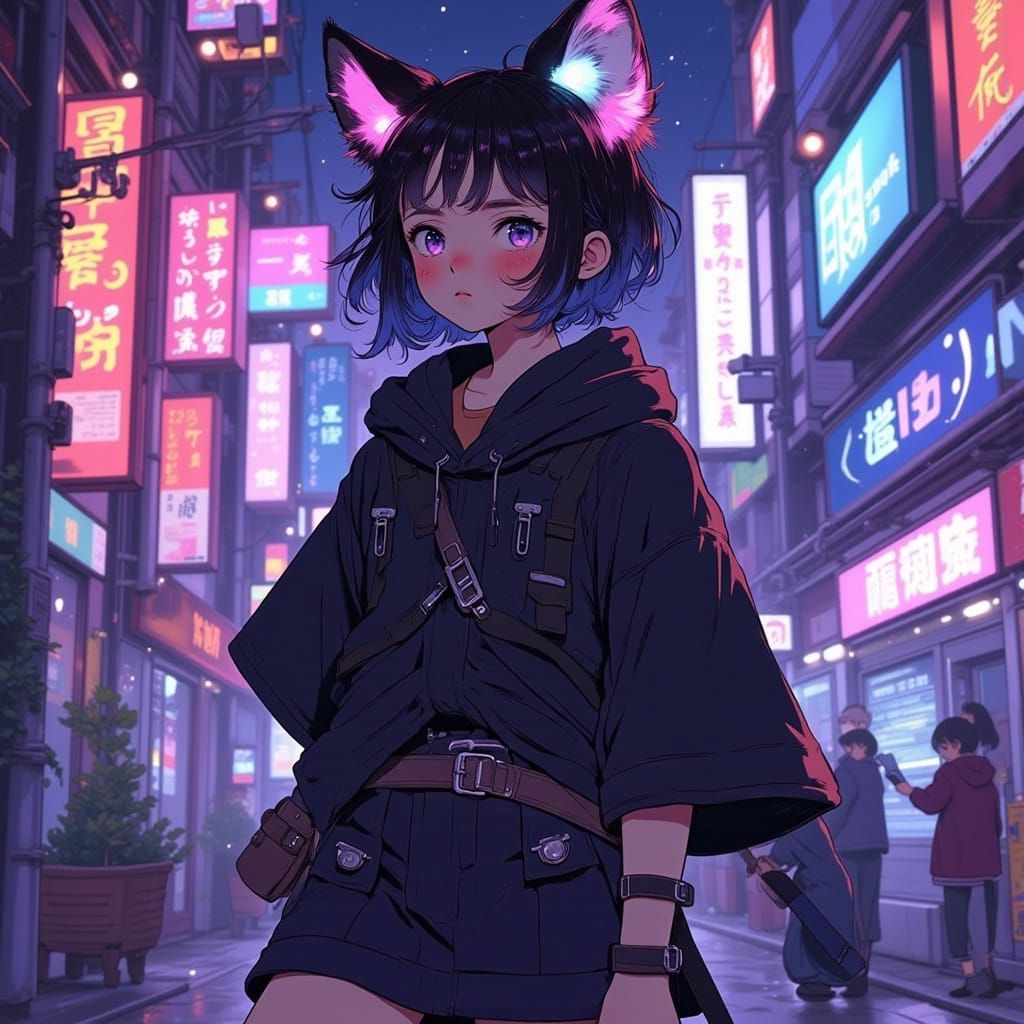 Ninja Girl with Neon Cat Ears in Japanese City