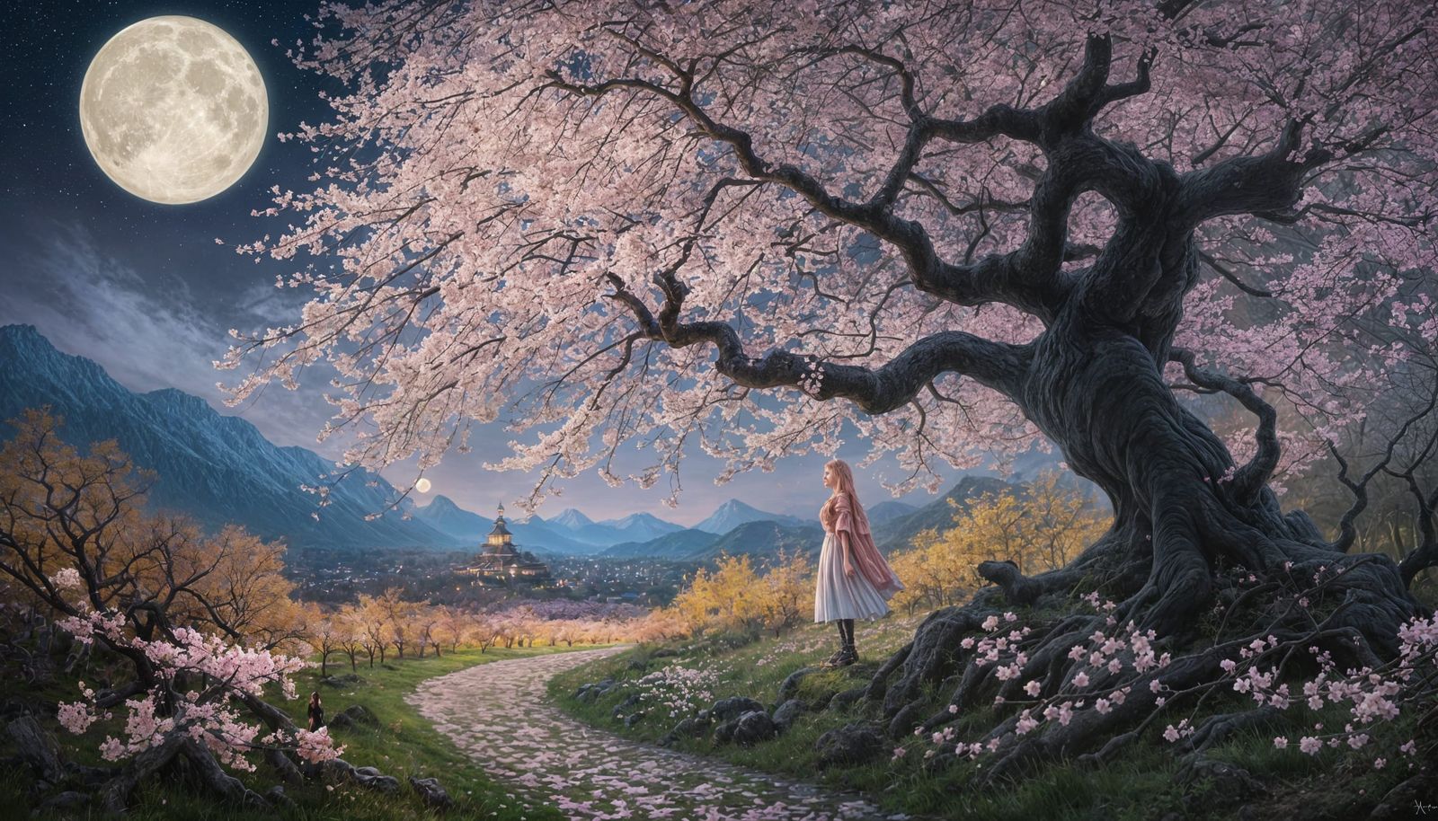 Fantasy Night Scene with Woman Under Full Moon and Cherry Bl...