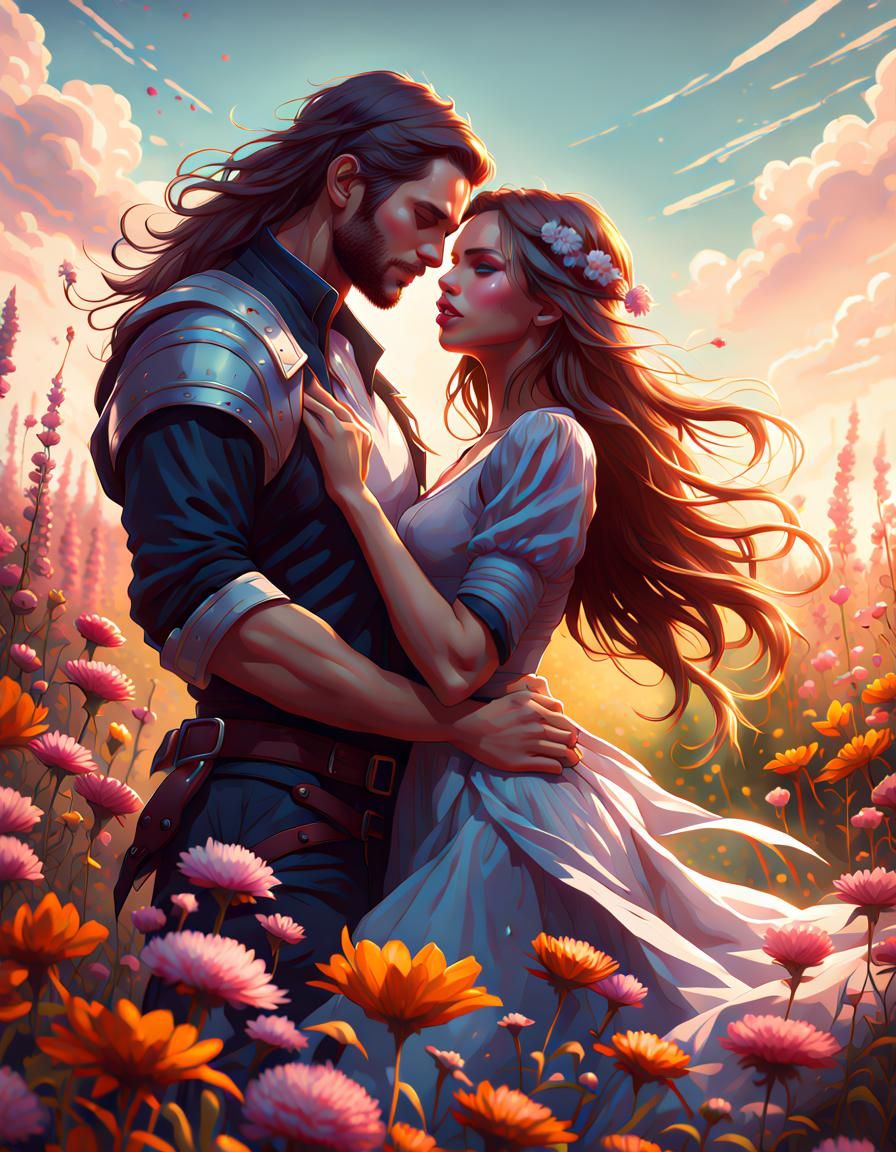 Romantic Fantasy Couple in Flower Field, Detailed Portrait