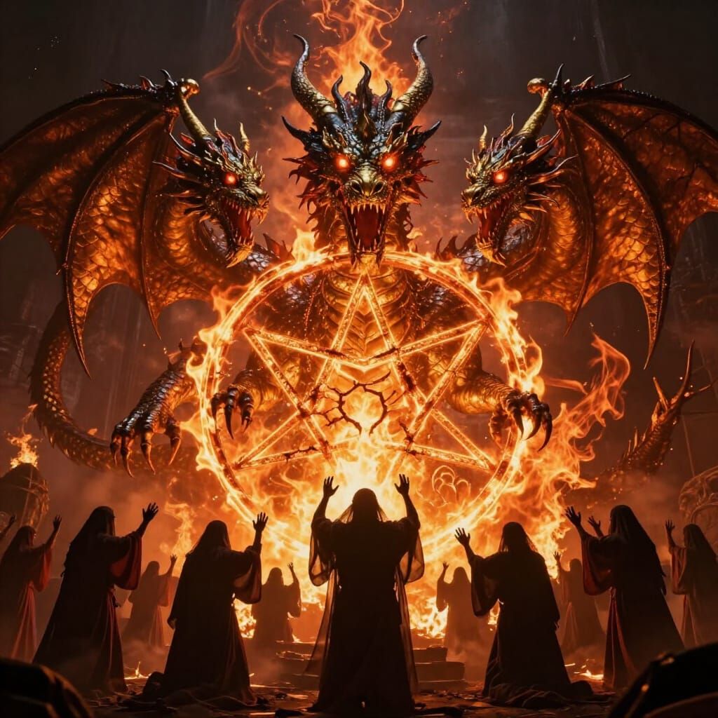 Five-Headed Dragon Over Fiery Pentagram with Cultists