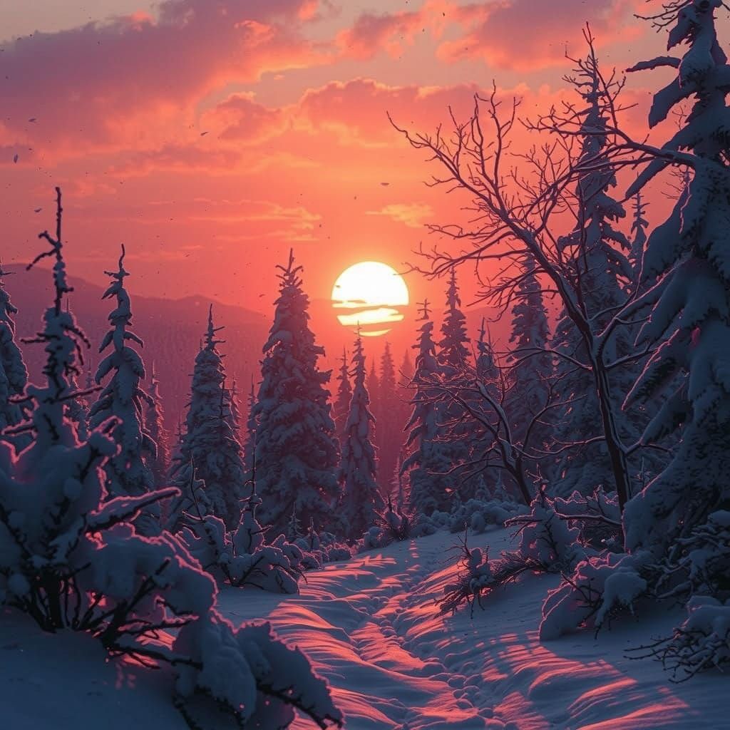 Dark Fantasy Masterpiece with Sunset on Winter Solstice