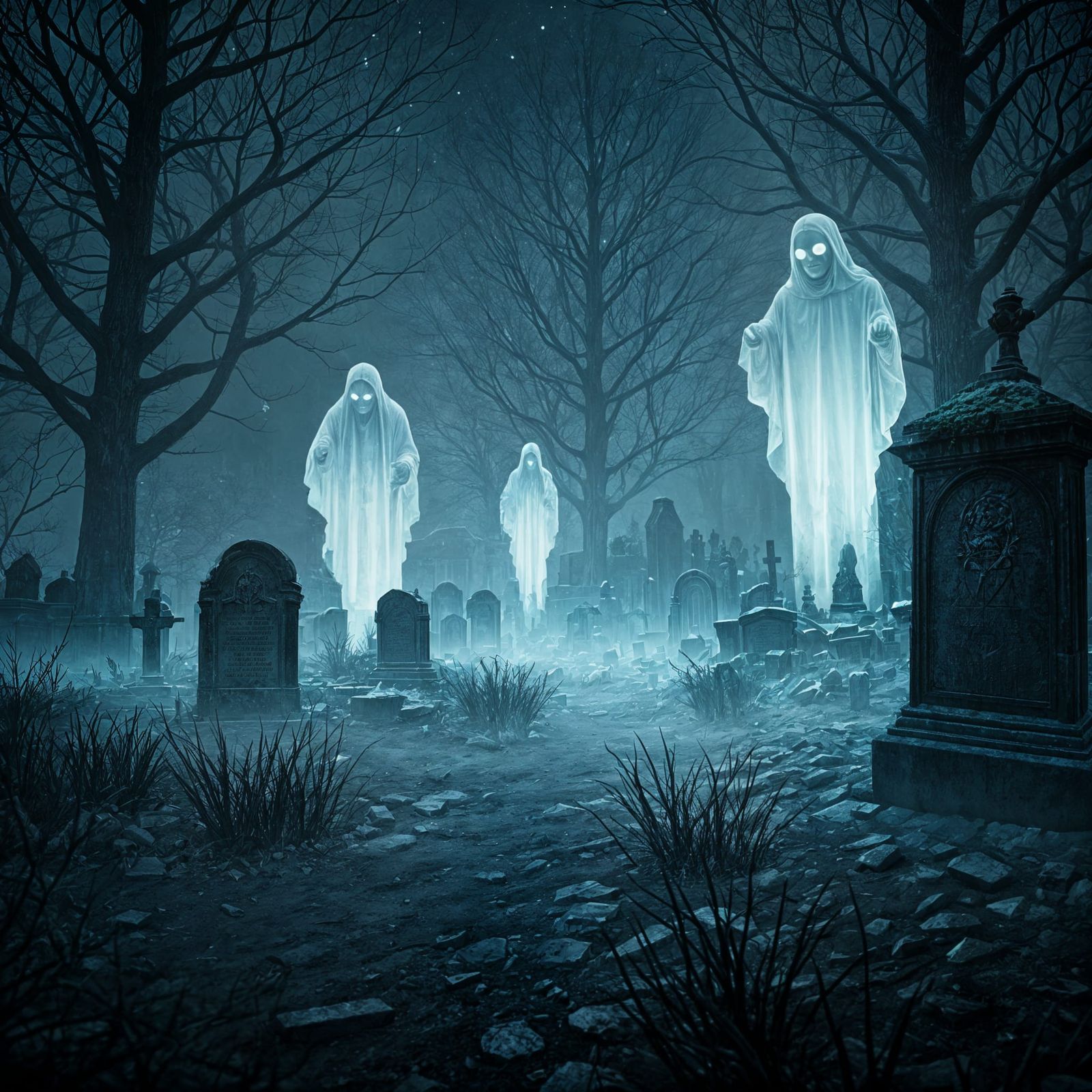 Ethereal Midnight Specters in Monochromatic Horror Style