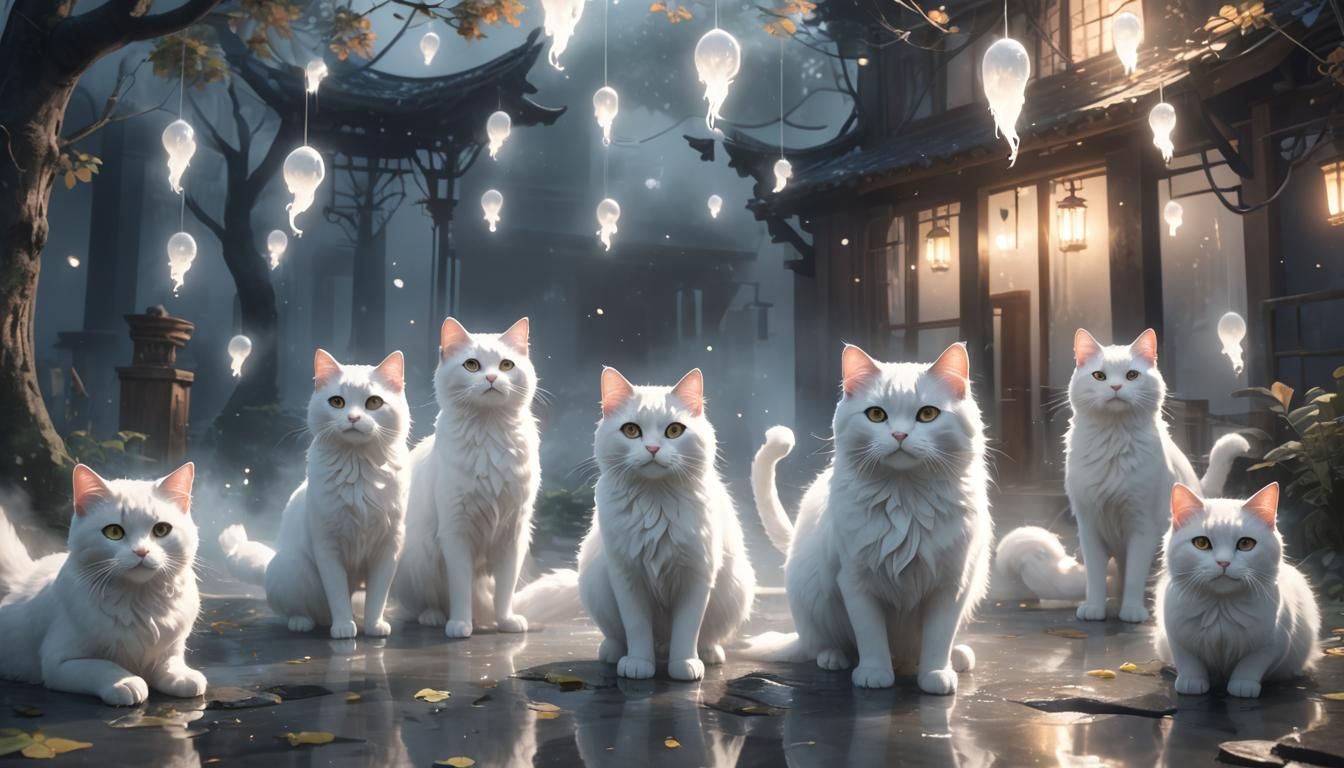 Mystical Ghostly Cat Spirits in an Ethereal Atmosphere
