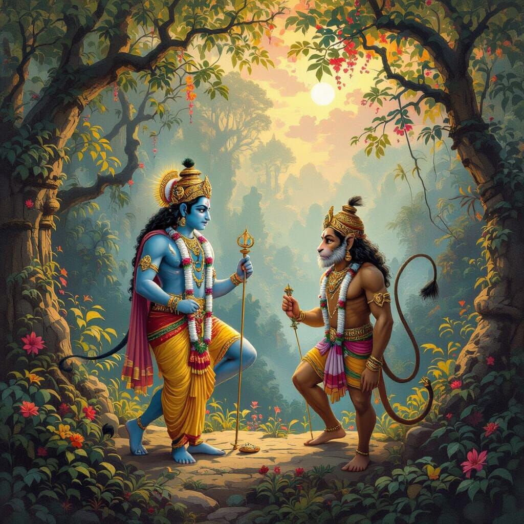 Divine Scene: Rama and Hanuman in Indian Art Style