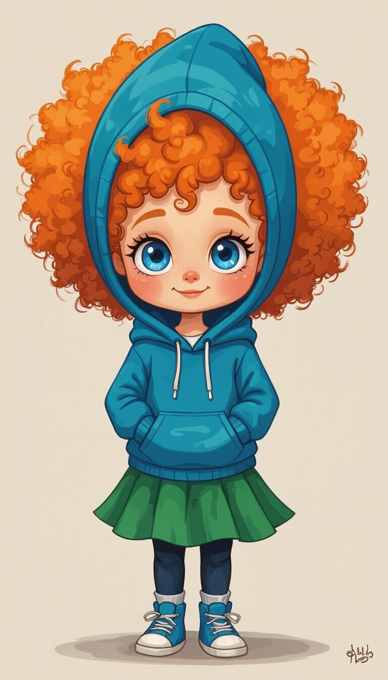 Cute Cartoon Girl with Orange Afro and Blue Outfit