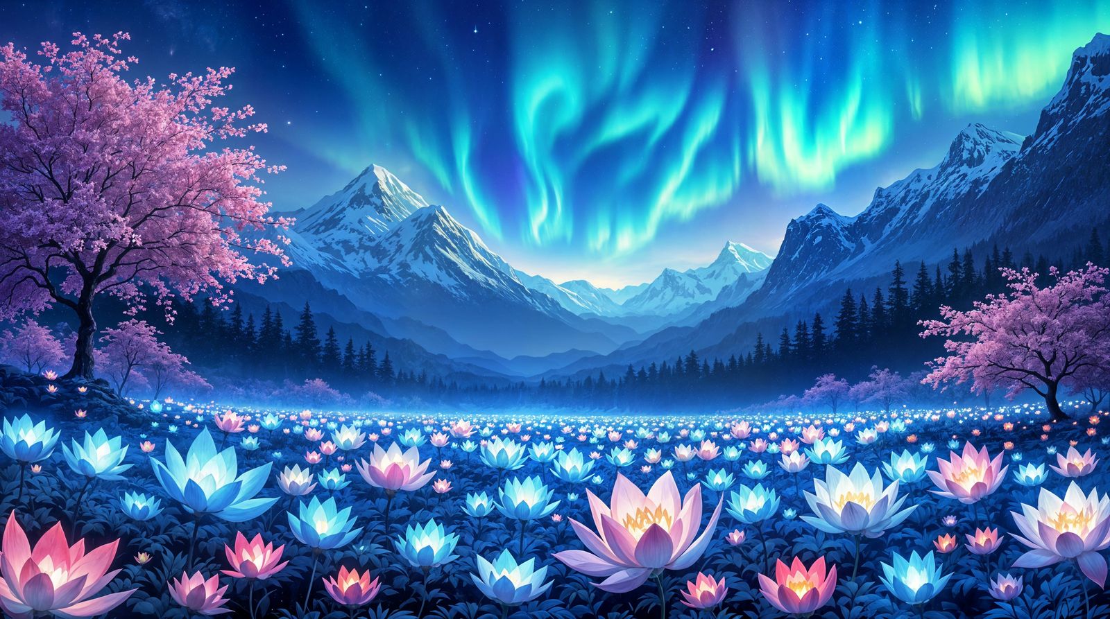 Dreamlike Mountain Landscape Under Aurora Borealis