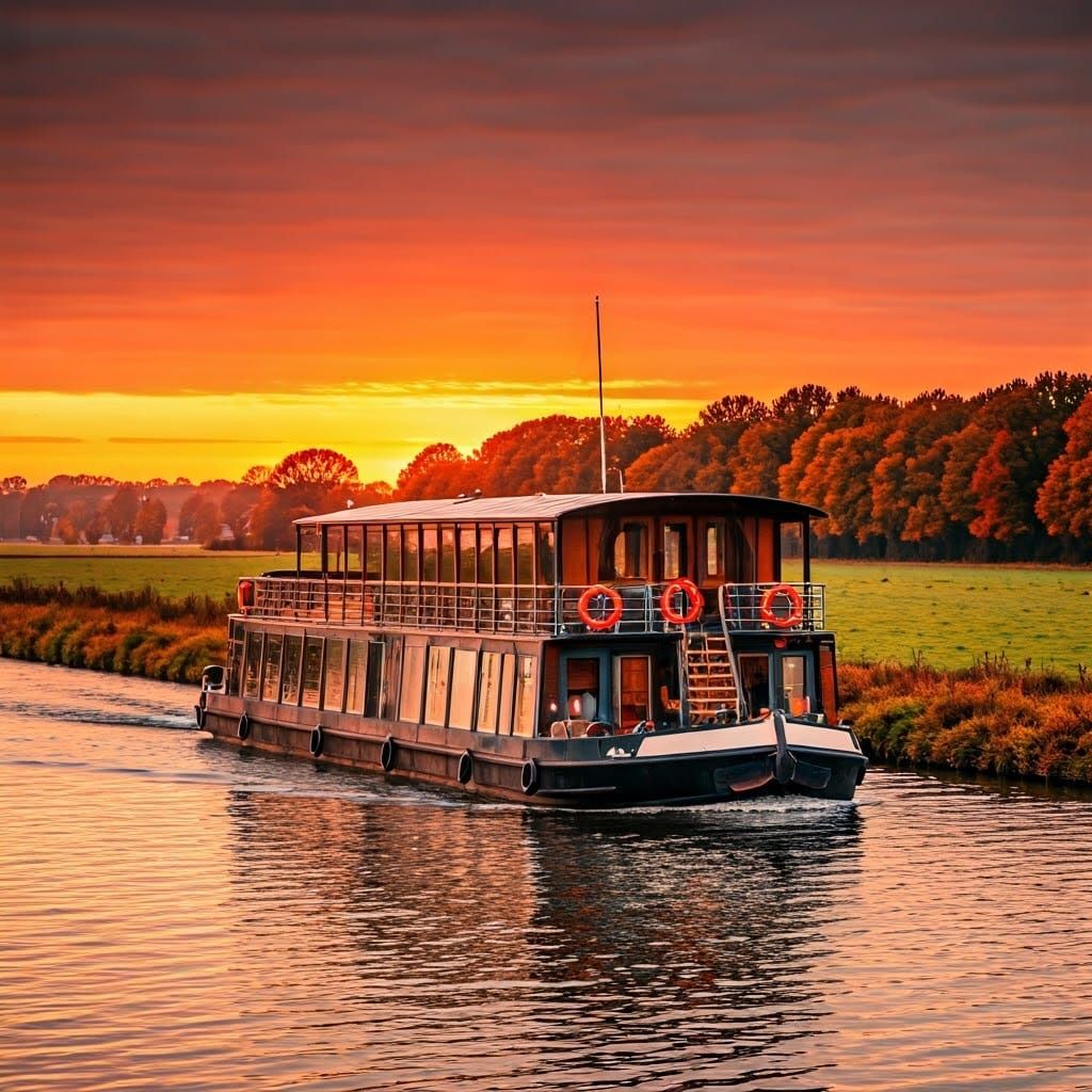 Houseboat on Canal at Sunset, Photorealistic Image