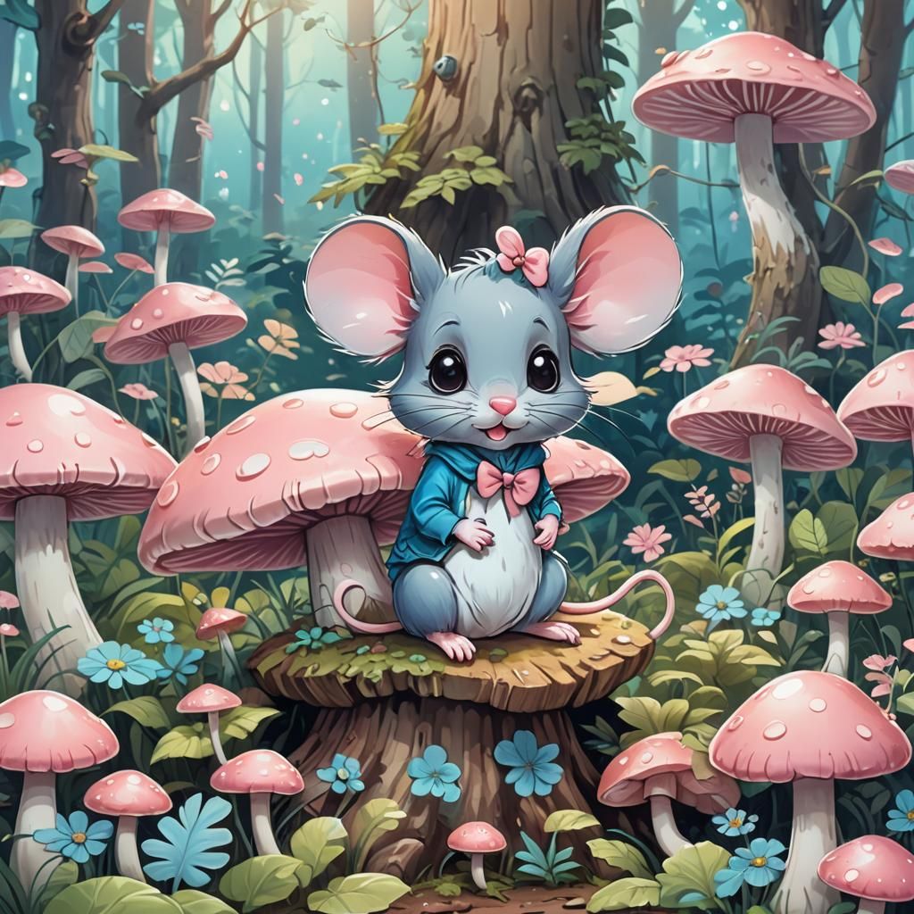 Kawaii Mouse in Whimsical Forest, Chibi Style